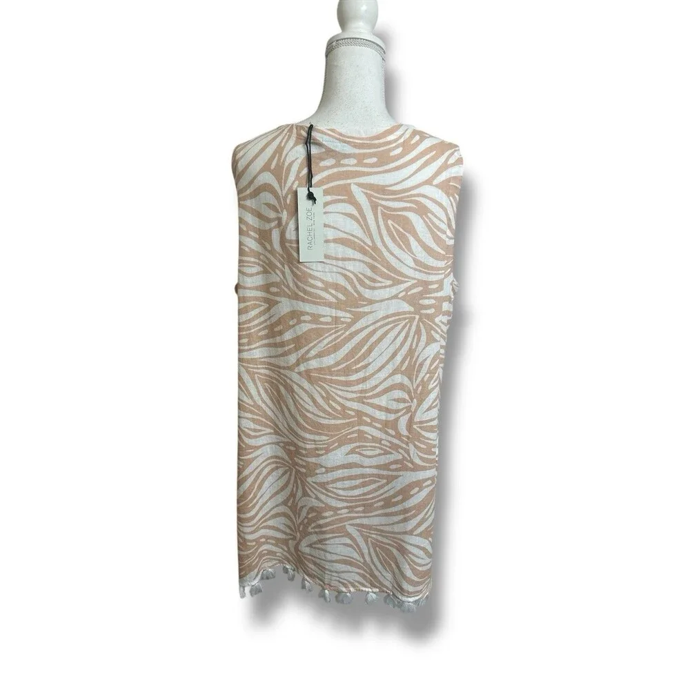 Rachel Zoe Women's L Boho Tan and Cream Zebra Print Linen Cover-Up with Tassels
